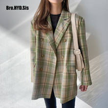 Vintage Style Women Plaid Blazer 2021 Spring Chic Double Breasted Lady Long Sleeve Suits Loose Fit Ladies Jackets 2024 - buy cheap