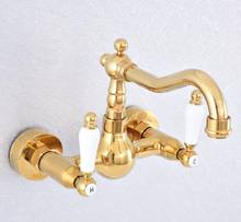 Luxo ouro cor de bronze fixado na parede dupla alça torneira do banheiro vanity navio pias misturadora água fria e quente nsf607 2024 - compre barato