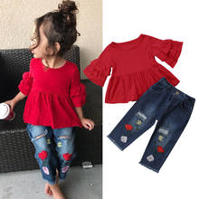 Conjunto de roupas casuais de verão, moda para meninas, 1-6 anos, camisetas vermelhas com estampa floral e calças com buracos azuis 2024 - compre barato