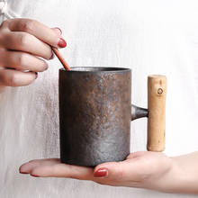 Taza de cerámica Vintage de estilo japonés, vaso de café y té, esmalte de óxido para oficina, té, leche, cerveza, con cuchara, taza de agua con mango de madera 2024 - compra barato