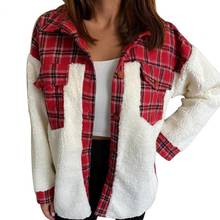 Coat Women Autumn Winter Turn Down Collar Plaid Patchwork Buttons Coat Plush Jacket 2024 - buy cheap