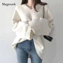 Однотонный свободный свитер большого размера с V-образным вырезом, Женский вязаный пуловер, Осень-зима 2020, свитер с длинным рукавом, женский джемпер, вязаная одежда 11031 2024 - купить недорого