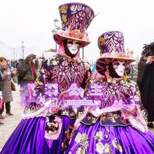Purple Venetian merchants traditional costume Nightclub bar business halloween cosplay national carnival print dress hat mask 2024 - buy cheap