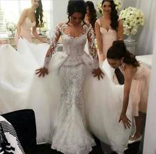 Vestidos de novia de encaje completo con falda de tul desmontable, vestido de novia elegante de manga larga con cuello de joya transparente, 2021 2024 - compra barato