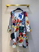 Vestido corto vintage de manga larga para mujer, minivestido con estampado de flores, cuello redondo, 2021 2024 - compra barato