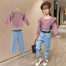 New Girls Boutique Outfits Autumn Teen Girls Clothes Children Clothing Plaid Top Jeans Pants 2pcs Teenager Girls Clothing Sets 2024 - buy cheap