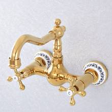 Golden Brass Swivel Spout Kitchen Sink Faucet / Wall Mounted Dual Cross Handles Bathroom Basin Mixer Taps zsf619 2024 - buy cheap