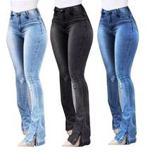 New Women's Mid Waist Blue Jeans Plus Large Size Female Black Stretch Ripped Hole Flare Jeans Pure Color Washed Trousers S XXXL 2024 - buy cheap