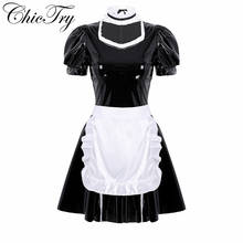 Women Adults French Maid Cosplay Costume Outfit Role Play Puff Sleeve A-line Patent Leather Party Dress with Apron and Headband 2024 - buy cheap