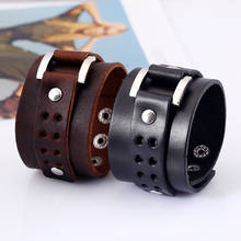 Double Wide Men's Leather Bracelets Vintage Punk Big Cuff Rope Wristband for Women Jewelry Hand Strap Brown 2024 - buy cheap