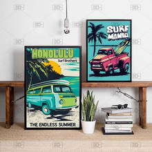 Pósteres e impresiones Retro de Surf de Hawai, arte de pared de coche de Surf de playa, pintura en lienzo, imagen Vintage de Van Bus, decoración de pared artística de Costa 2024 - compra barato