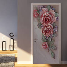 Pegatina para puerta de estilo europeo con relieve 3D de flores rosas, murales de vinilo para puerta de sala de estar y dormitorio, autoadhesivo de PVC, calcomanía 3D impermeable 2024 - compra barato