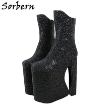 Sorberna botas de salto alto, preta, bloco de glitter, cano médio, botas estilo reboque, tamanhos grandes 15cm a 30cm 2024 - compre barato