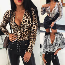 Rompers Mulheres Macacão de Manga Longa com Estampa de Leopardo de Seda do vintage Camisa Top Ladies V Profundo Neck Serpentina Sexy Bodysuits Cetim 2024 - compre barato