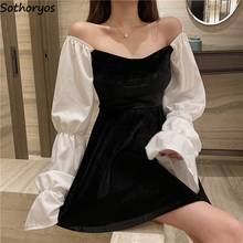 Vestido corto de manga larga para mujer, minivestido Sexy de una pieza con cintura definida, hombros descubiertos, estilo coreano Ulzzang 2024 - compra barato