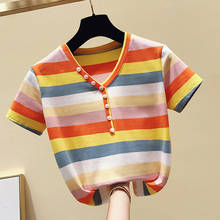 Shintimes-Camiseta de algodón con cuello en V para mujer, camisa a rayas de arco iris, camisetas de manga corta ajustadas, Tops de verano 2020 2024 - compra barato