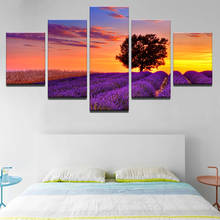 Quadros em tela sala de estar quadro arte da parede 5 peças roxo lavanda campo árvore pôr do sol paisagem fotos decoração casa 2024 - compre barato