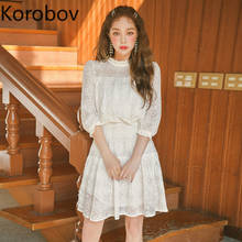 Korobov Korean Chic Stand Collar Lace Women Dress Vintage OL Female Dresses 2020 Summer New Solid Hollow Out Robe Femme 2024 - buy cheap