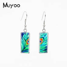 2021 New Beauty Blue Peacock Feather Glass Cabochon Rectangle Fish Hook Earrings Colorful Feather Handcraft Dangles 2024 - buy cheap