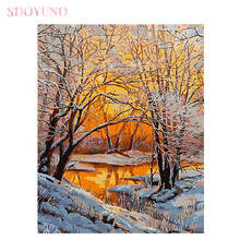 Sdoyuno pintura acrílica por números, com moldura para adultos do anoitecer, cenário de neve, paisagem, pintura acrílica para pintura artística, pintura de mão 2024 - compre barato