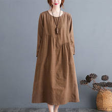 Vestido Vintage de lino y algodón con estampado a cuadros para otoño y primavera, vestido de manga larga con cuello redondo, talla grande, 2021 2024 - compra barato