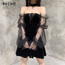 Insdoit vestido vintage gótico preto elegante ombro de fora cintura alta mini vestido feminino bandagem vazado vestidos de festa 2024 - compre barato