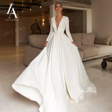Роскошное атласное свадебное платье с кристаллами 2021 элегантное платье с V-образным вырезом и длинным рукавом трапециевидного силуэта со шлейфом LelaAcra UZ22 свадебное платье для невесты 2024 - купить недорого