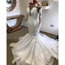 Luxury Mermaid Wedding Dresses Jewel Neck Illusion Lace Appliques Crystal Beaded Long Sleeves Court Train African Bridal Gowns 2024 - buy cheap