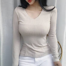Shintimes-Camiseta con cuello en V para mujer, camisetas de estilo coreano, camiseta Sexy de algodón con abertura, ropa lisa de manga larga para mujer 2021 2024 - compra barato