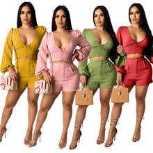 Elegant Summer 2 Piece Set Women Long Sleeve Top And Shorts Sexy V Neck Tracksuit Casual Two Piece Outfits Matching Sets Plus 2024 - buy cheap