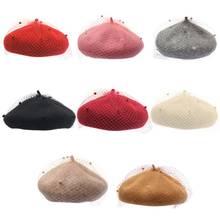 Senhoras outono inverno boina boné de lã do vintage net véu padrão feminino pintor ao ar livre elegante beanies bonnet hat y1qd 2024 - compre barato