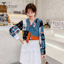 Trytree 2020, Весенняя женская блузка, повседневная, отложной воротник, бант, кнопка, модный принт, элегантная, свободная, универсальная, стильная блузка 2024 - купить недорого