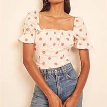 Polka Dot Print Women Short Blouse 2021 New Spring Summer 100% Linen Square Collar Ruffles Trim Shirt and Tops 2024 - buy cheap