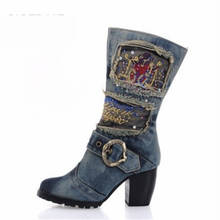 Botas cálidas de Invierno para Mujer, botines con plataforma gruesa de tacón alto, bota vaquera, zapatos de mezclilla, talla 42 2024 - compra barato