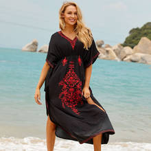 Black Cotton Beach Dress Red Embroidery Beach Cover up Sarong Beachwear 2021 Robe de Plage Swimsuit Cover up Beach Tunic Dress 2024 - buy cheap