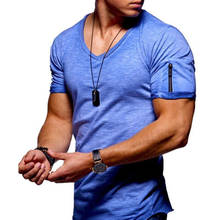 Мужская футболка с v-образным вырезом для фитнеса, бодибилдинга, летняя футболка с коротким рукавом на молнии, повседневная хлопковая футболка для мужчин 2020 2024 - купить недорого