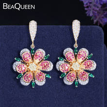 BeaQueen Elegant 2 Tones Gold Color Rose Red Green Cubic Zircon Big Geometric Flower Drop Earrings Party Jewelry for Brides E322 2024 - buy cheap