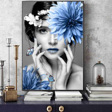 Impresiones en lienzo de modelo de belleza de flores azules, pintura en lienzo de mujer, carteles, imágenes artísticas de pared, decoración del hogar para dormitorio de niñas 2024 - compra barato