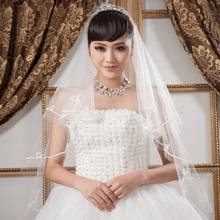 Tule curto casamento véu branco circular fita borda centro cascata casamento cor sólida uma camada véus de noiva feminino 2024 - compre barato