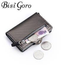 Bisi Goro 2020 Противоугонный держатель для карт из углеродного волокна тонкий кошелек для Карт RFID мужской деловой бумажник на кнопке мужской кошелек для монет ID держатель 2024 - купить недорого
