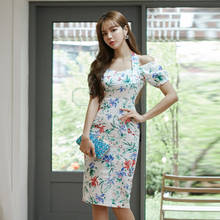 Nova moda estilo coreano vestido vintage de festa feminino elegante verão sexy estampa fofo ombro de fora justo vestido lápis 2024 - compre barato