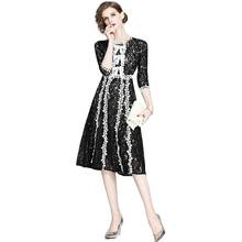 Bunniesfairy 2020 primavera hepburn celebridade vintage estilo retro preto branco rendas retalhos floral moda midi vestido com arco 2024 - compre barato