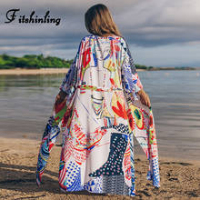 Fitshinling Abstract Print Beach Kimono Long Cardigan Side Slit Holiday Bikini Cover-Up Swimwear With Sashes Summer Sexy Outing 2024 - buy cheap
