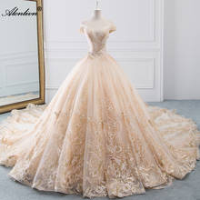 Alonlivn-vestido de novia brillante con cuentas de cristales, apliques ostentosos, vestido de novia, tren, con cuello festoneado 2024 - compra barato