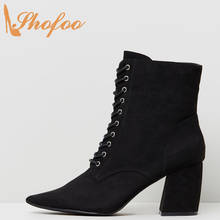 Shofoo preto cruz-amarrado mulher tornozelo botas de salto alto quadrado apontou toe senhoras inverno zíper acolhedor botas tamanho grande 13 16 2024 - compre barato