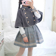 Conjunto de Lolita japonés para niña, vestido a cuadros de la Academia de estilo británico, capa de murciélago de lana, conjunto de abrigo de solapa de doble fila 2024 - compra barato