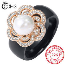 100% S925 Sterling Silver Women Rings Iced Out CZ Crystal Flower Pearl Ceramic Rings Healthy Never Fade Fashion Jewelry Gift 2024 - buy cheap