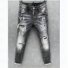 New Men's Skinny Jeans With Ripped Holes And elastic Paint Spray Black Stitching Beggar Pants 051-1 2024 - buy cheap