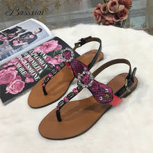 Sexy Serpentine Butterfly-Knot Flat Sandals Women Rhinestone T-strap Genuine Leather Mixed Color Rivet Beach Sandalias De Mujer 2024 - buy cheap