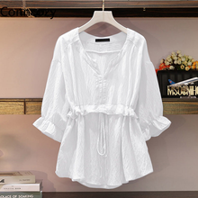 Camisa branca feminina primavera verão, blusas de chiffon de cor sólida, roupas coreanas com gola em v, camisa casual plus size 2024 - compre barato